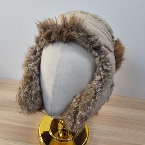 REAL Rabbit Fur Aviator Hat MEDIUM Beige Gray Trapper Bomber Apres Ski Ushanka
